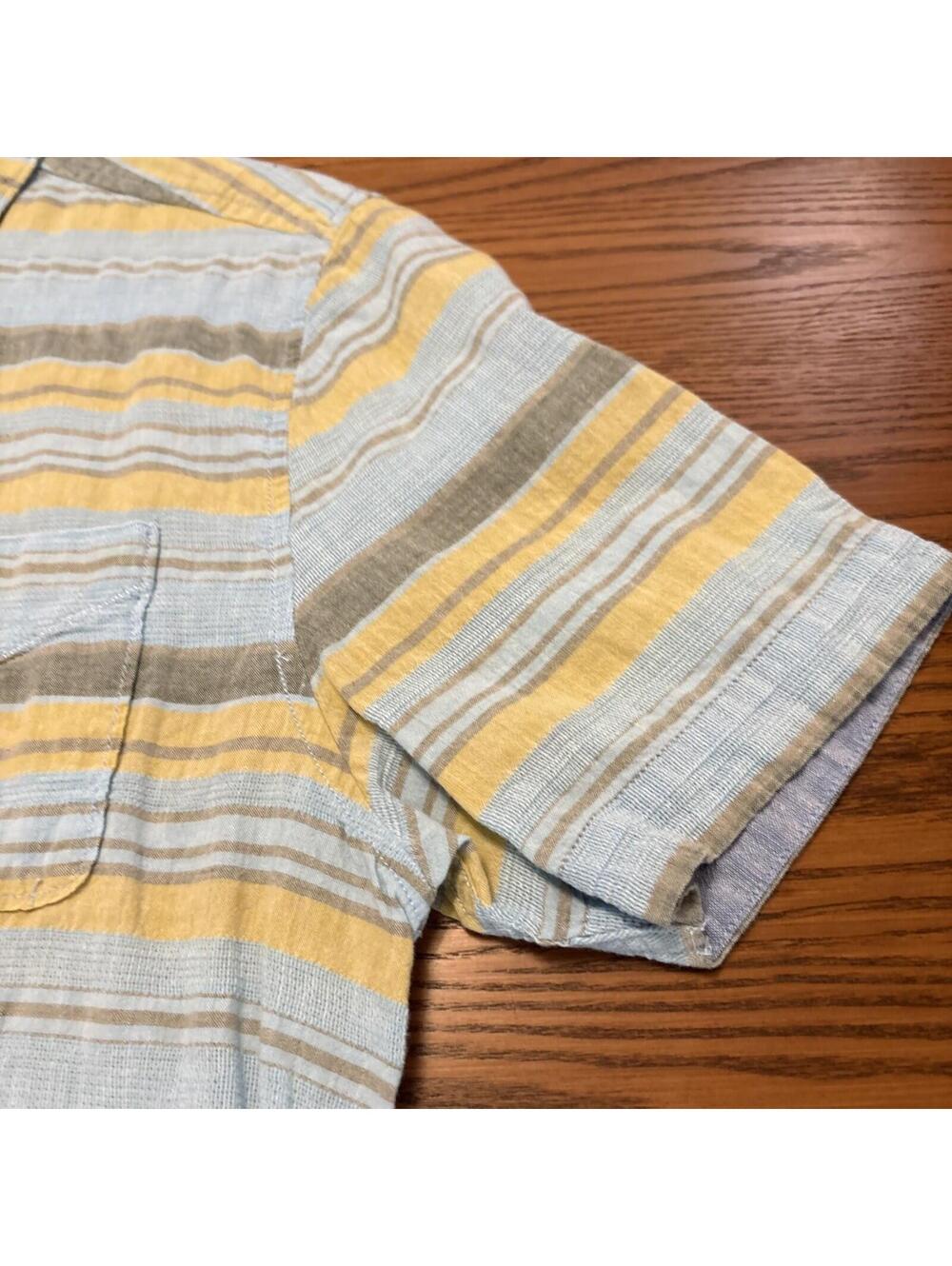 True Grit Men's Size M Short Sleeve Button Down Shirt Striped Blue Yellow Slub - Picture 7 of 9